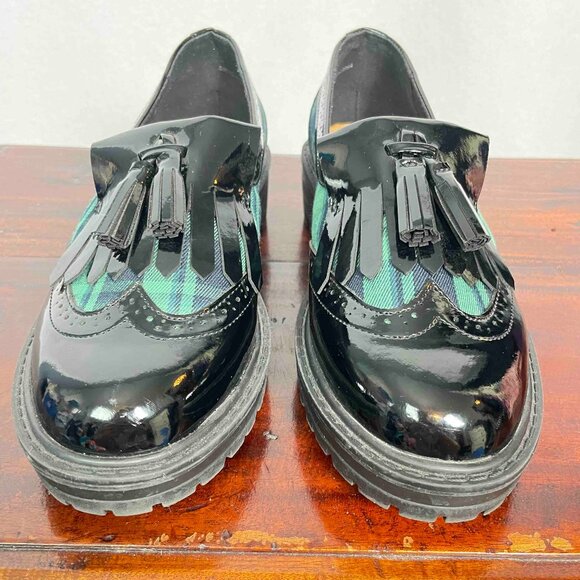 TU Sole Comfort Green and Blue Plaid Patent Loafers with Tassels Women UK Size 4 - Picture 3 of 13